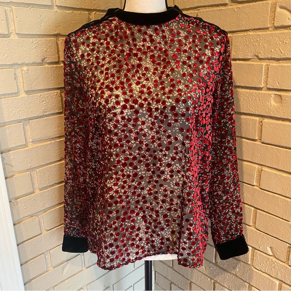 The Kooples Silk Velvet Floral Polka Dot Long Sleeve Blouse Button Detail Small